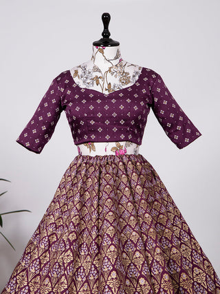 Wine Color Aada Slub Silk Foil Printed Lehenga Choli With Chanderi Dupatta Clothsvilla