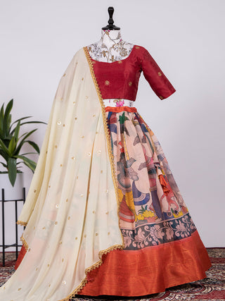 Red Color Digital Printed Soft Cotton Half Saree Set Lehenga Clothsvilla