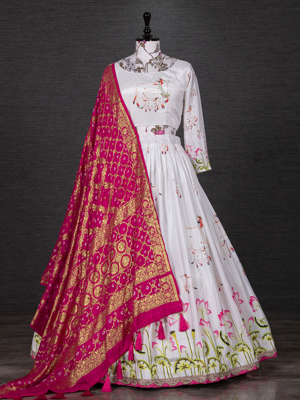 White Color Digital Printed Silk Lehenga Choli Set Clothsvilla