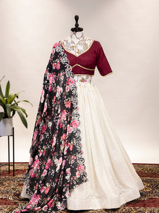 White Color Sequins And Thread Embroidery Work Georgette Lehenga Choli Clothsvilla