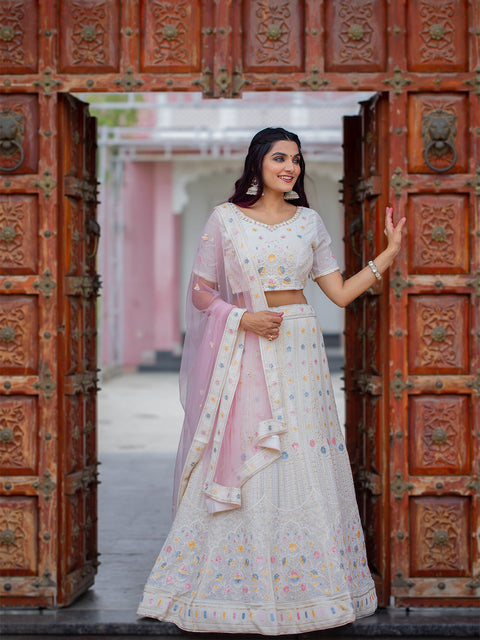 White Color  Lucknowi Work Georgette Chaniya Choli Clothsvilla Main image