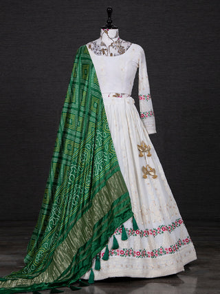 White Color Lucknowi Embroidery Work Georgette Lehenga Set With Gaji Silk Dupatta Clothsvilla
