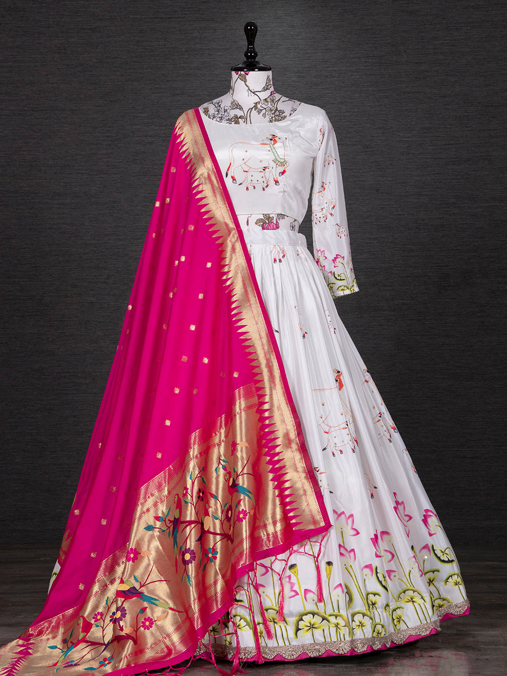 White Color Printed Silk Half Saree Set With Pethani Dupatta Clothsvilla