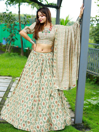 Mehendi Color Foil And Printed Chanderi Cotton Lehenga With Choli Clothsvilla