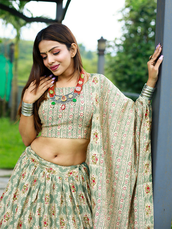 Mehendi Color Foil And Printed Chanderi Cotton Lehenga With Choli Clothsvilla