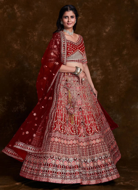 Captivating Red Art Silk Lehenga with Thread, Zari & Zarkan Work Clothsvilla Main image