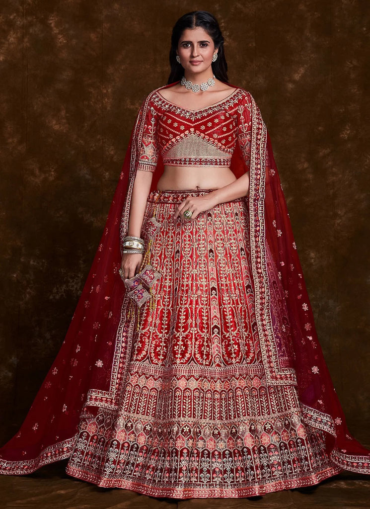 Captivating Red Art Silk Lehenga with Thread, Zari & Zarkan Work Clothsvilla