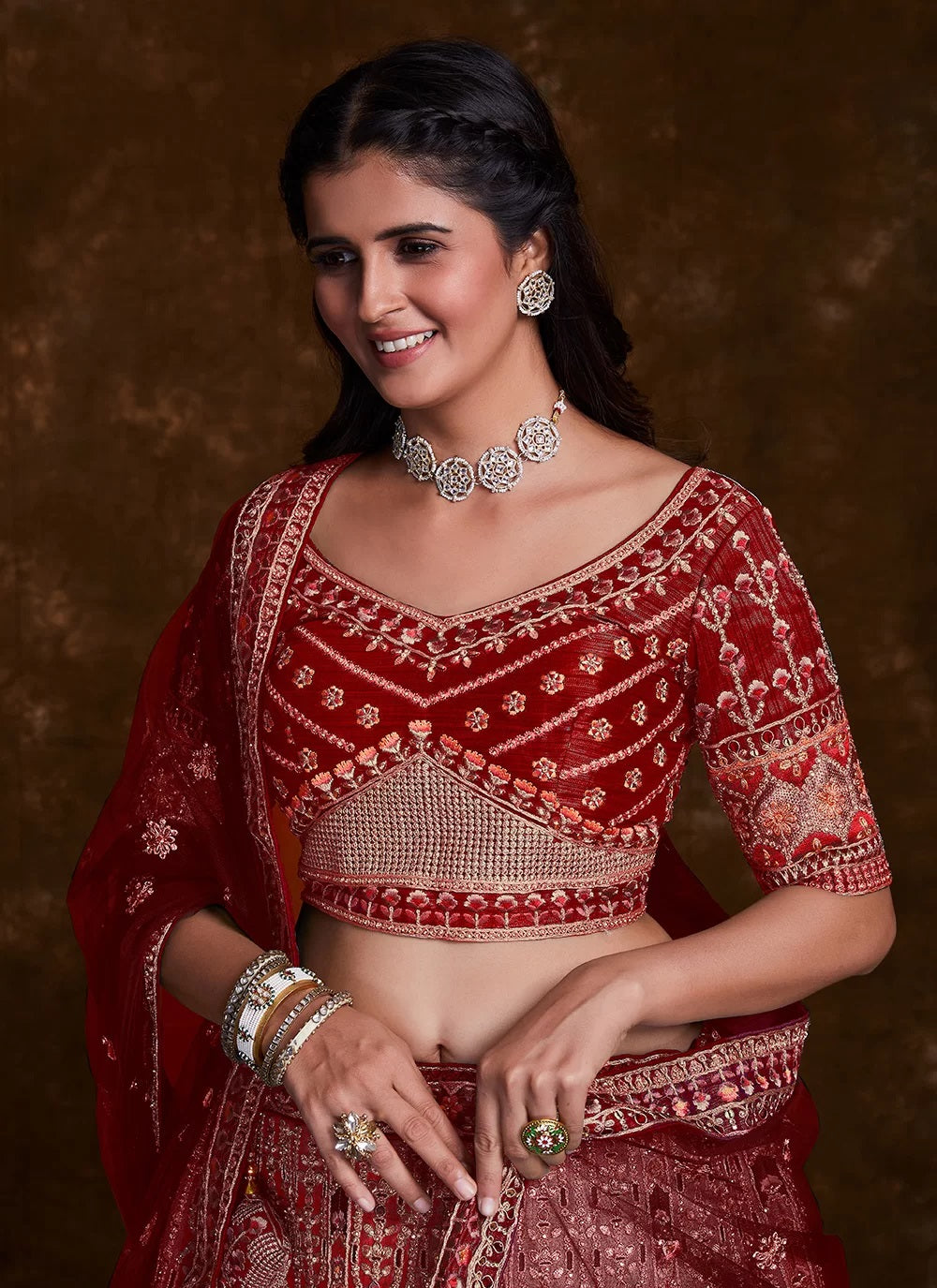 Captivating Red Art Silk Lehenga with Thread, Zari & Zarkan Work Clothsvilla