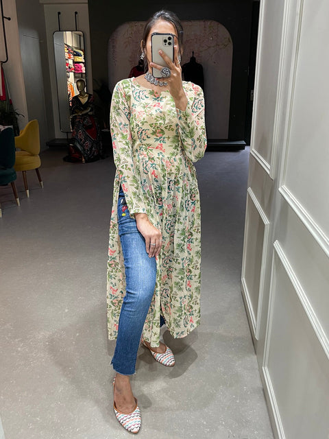 Cream Color Floral Printed Chiffon Naira Cut Kurti Clothsvilla Main image