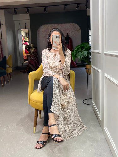 White Color Animal Print Chiffon Kurti Clothsvilla