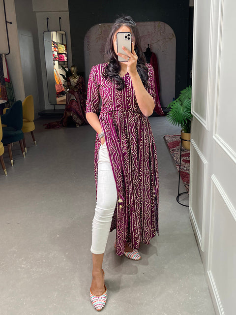 Wine Color Foil and Printed Pure Cotton Kurti Clothsvilla Main image