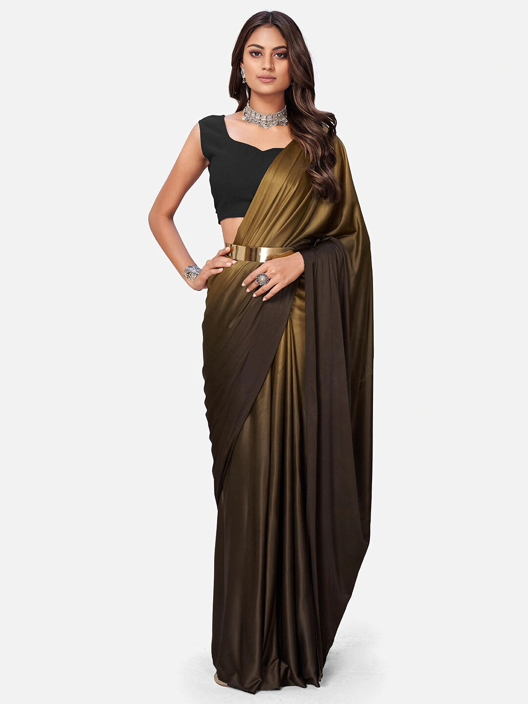 Gold Color Ready to wear Lycra saree with Metal Belt ClothsVilla