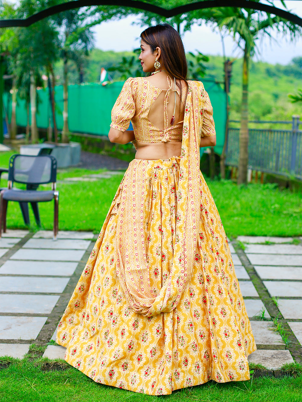Mustard Color Foil Printed Chanderi Cotton Lehenga Choli Clothsvilla