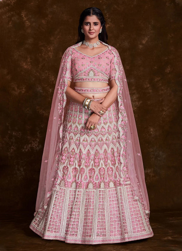 Chic Net Rose Pink Thread Work Lehenga Choli Clothsvilla
