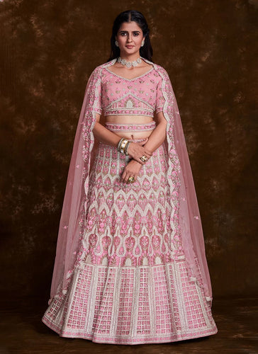 Chic Net Rose Pink Thread Work Lehenga Choli Clothsvilla