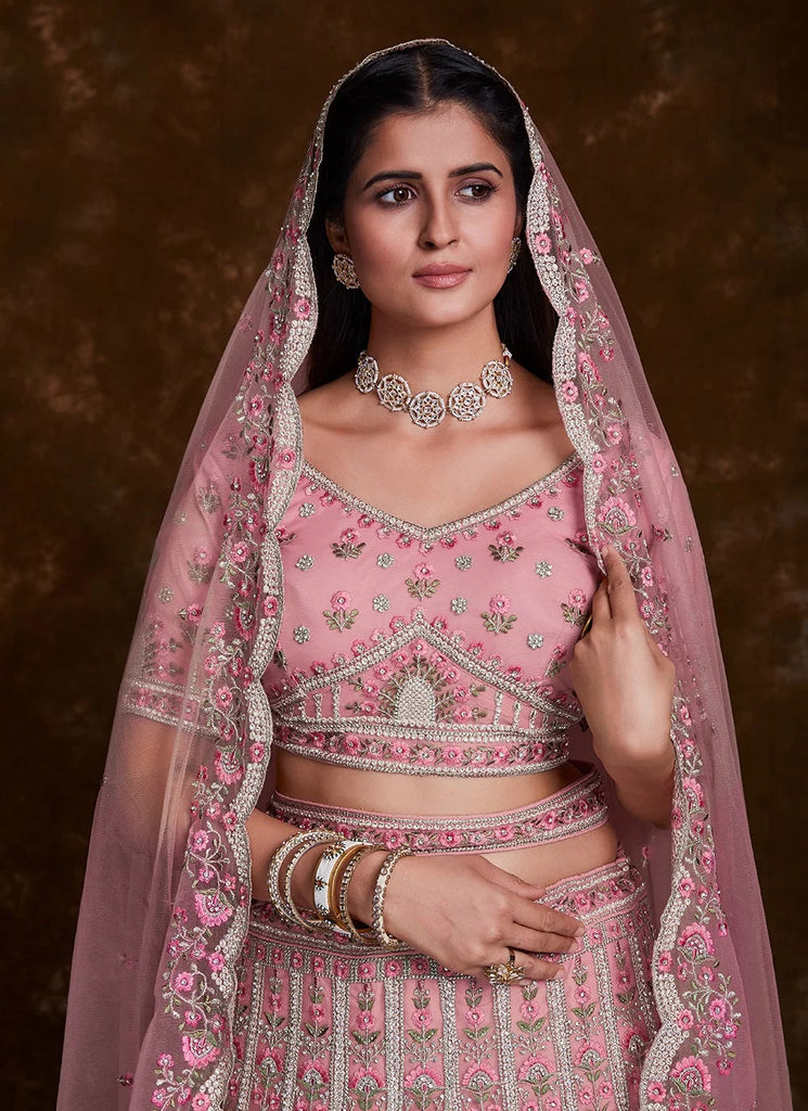 Pink Thread Work Net Party Wear Lehenga Suit - Clothsvilla