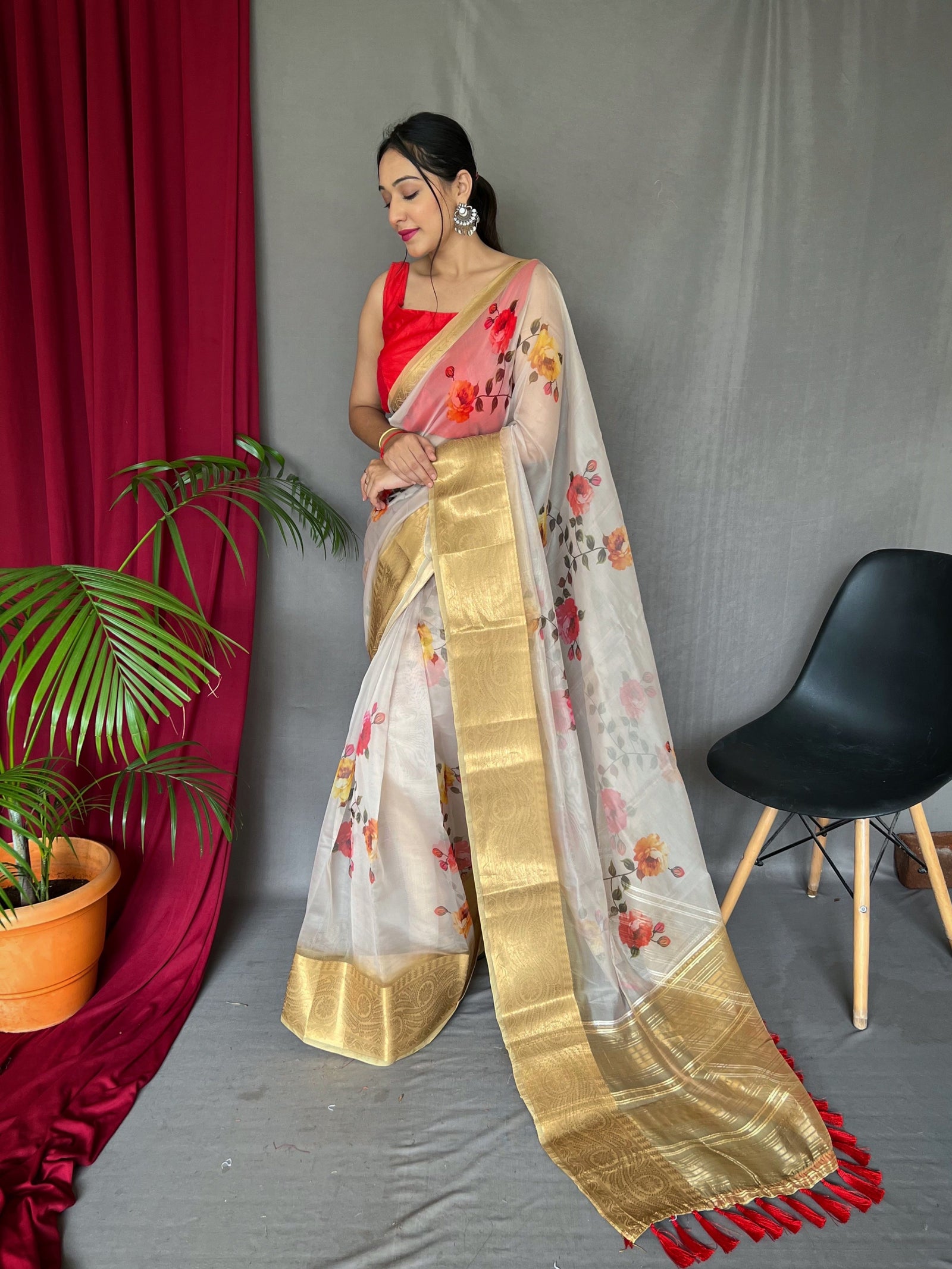 Organza Digital Floral Printed Saree Bone White Clothsvilla