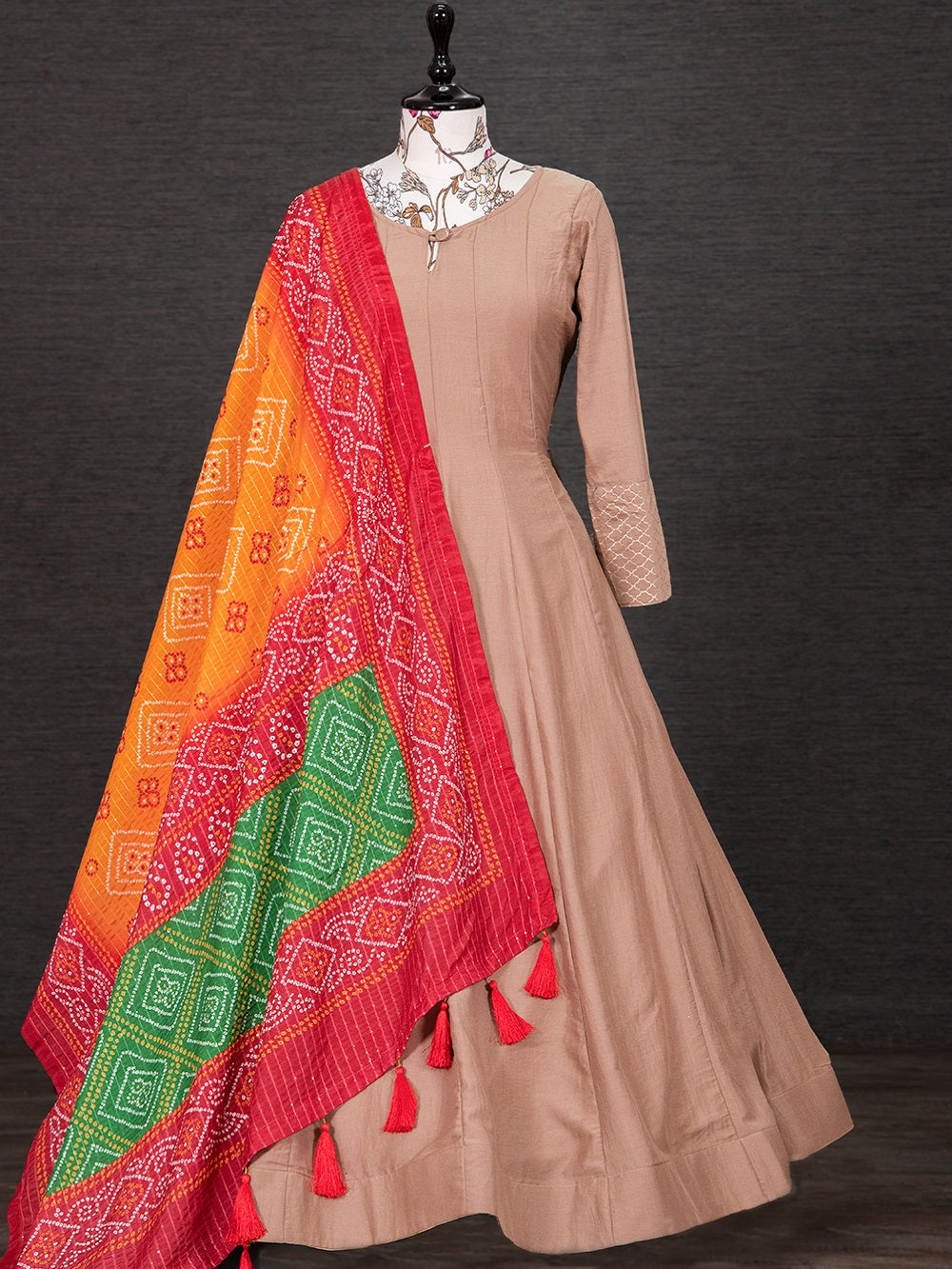Chiku Color Chinon Anarkali Gown With Chinon Dupatta Clothsvilla