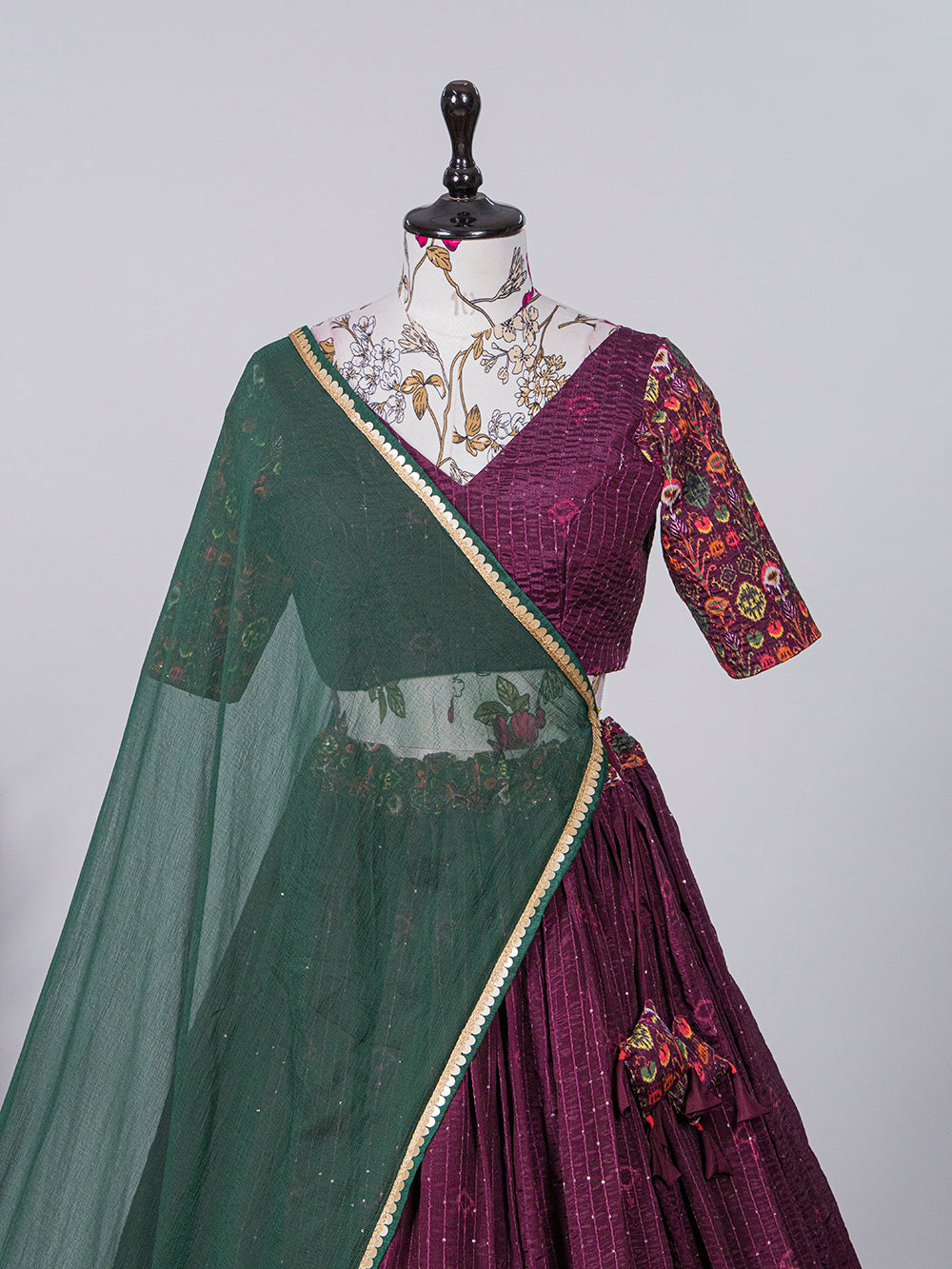 Wine Color Crochet Work Chinon printed Lehenga Clothsvilla