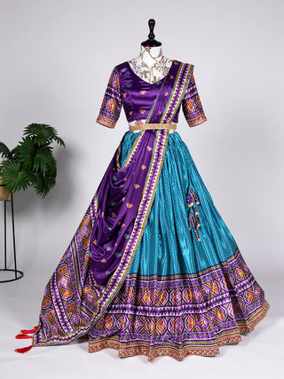 Firozi Color Laheriya Patola Print and Sequins Embroidery Chinon Lehenga Choli ClothsVilla