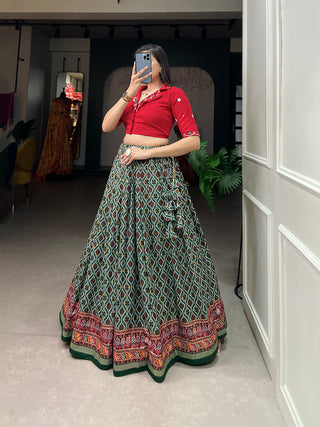 Green Color Patola With Foil Print Rayon Cotton Co-ord Set Lehenga Choli Clothsvilla