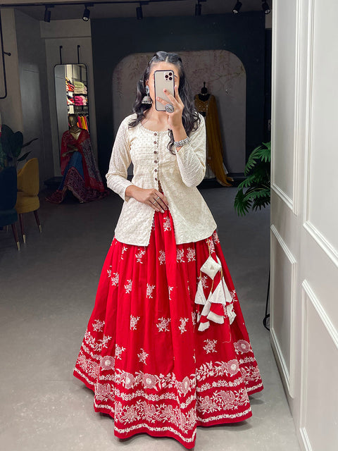 Red Color Sequins And Lucknowi Work Cotton Co-Ord Set Lehenga Choli ClothsVilla.com Main image