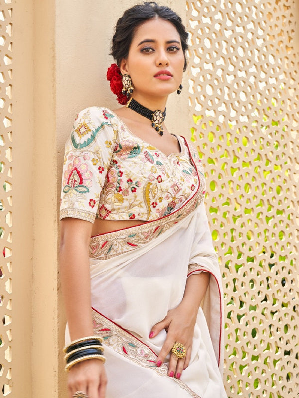 Cream Color Thread And Sequins Embroidery Border Diamond Georgette Saree Clothsvilla