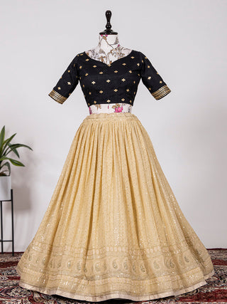 Cream Color Sequins And Thread Embroidery Work Georgette Lehenga Choli Clothsvilla