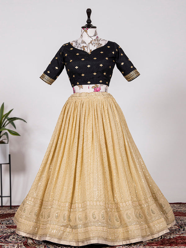 Cream Color Sequins And Thread Embroidery Work Georgette Lehenga Choli Clothsvilla