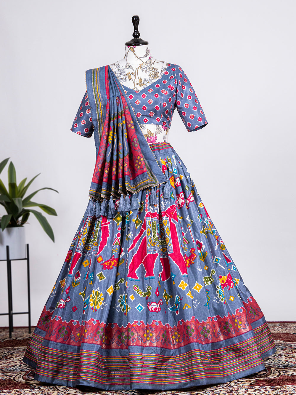 Grey Color Haydrabadi Patola Printed Lehenga Clothsvilla