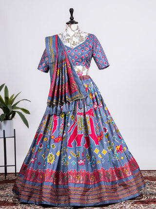 Grey Color Haydrabadi Patola Printed Lehenga Clothsvilla