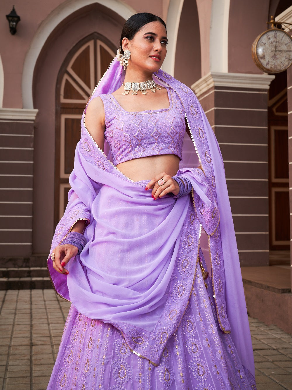 Lavender Color Lucknowi With Sequins Work Georgette Lehenga Choli Clothsvilla
