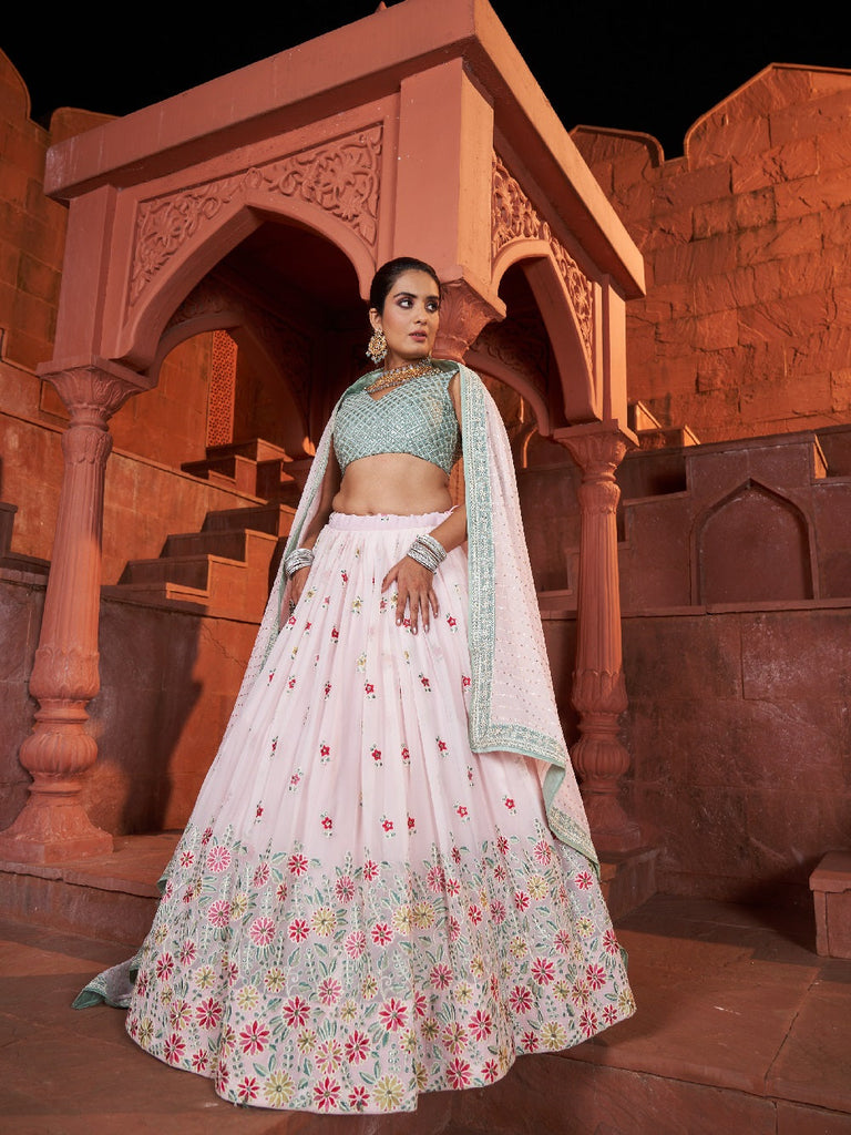 Light Pink Color Sequins With Embroidery Work Georgette Lehenga Choli Clothsvilla