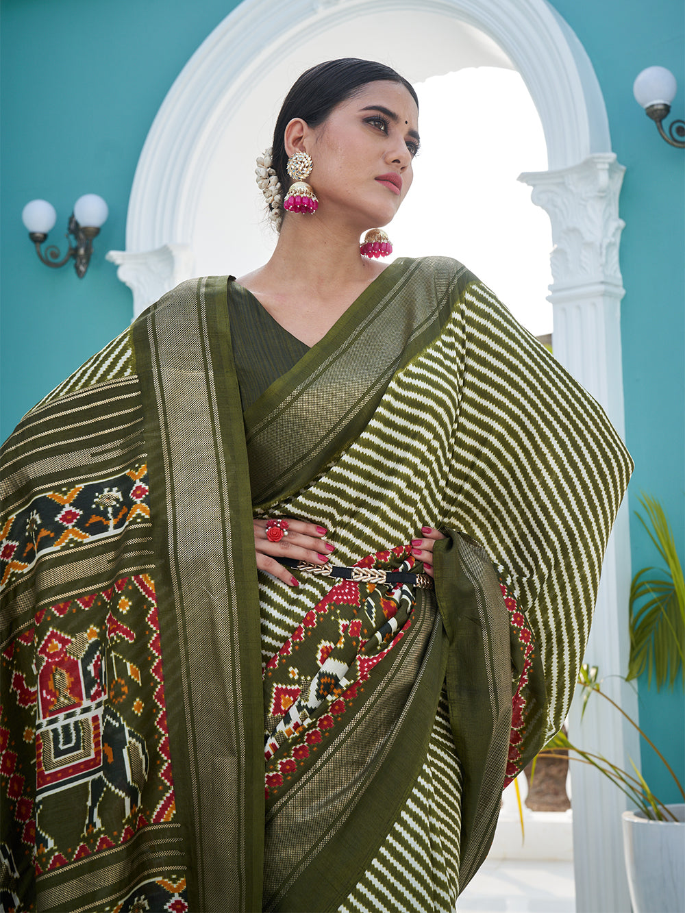 Mehndi Color Patola Printed Dola Silk Saree Secondary image
