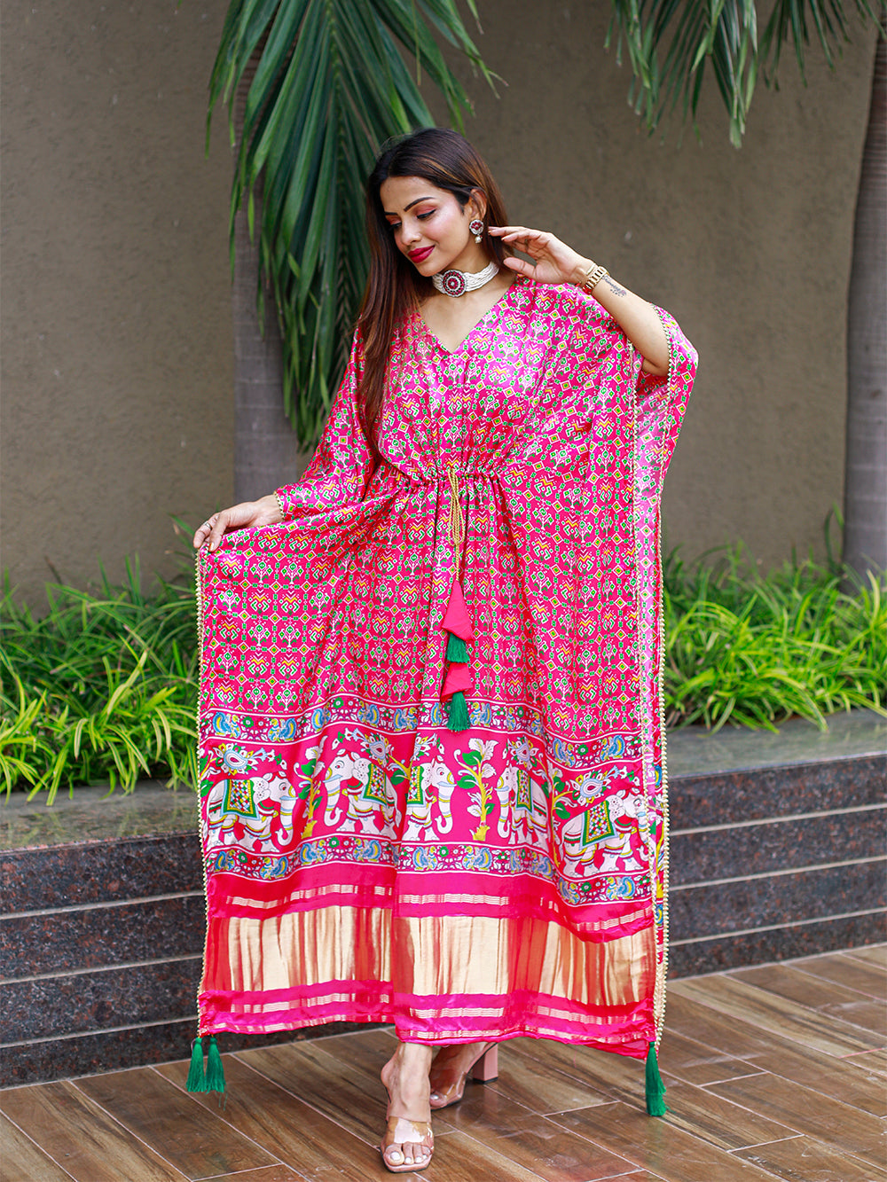 Pink Color Bandhej Digital Print Pure Gaji Silk Kaftan Clothsvilla