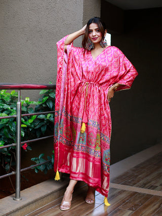 Pink Color Digital Print Pure Gaji Silk Kaftan Clothsvilla