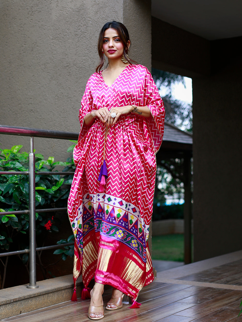 Pink & White Color Digital Print Pure Gaji Silk Kaftan Clothsvilla