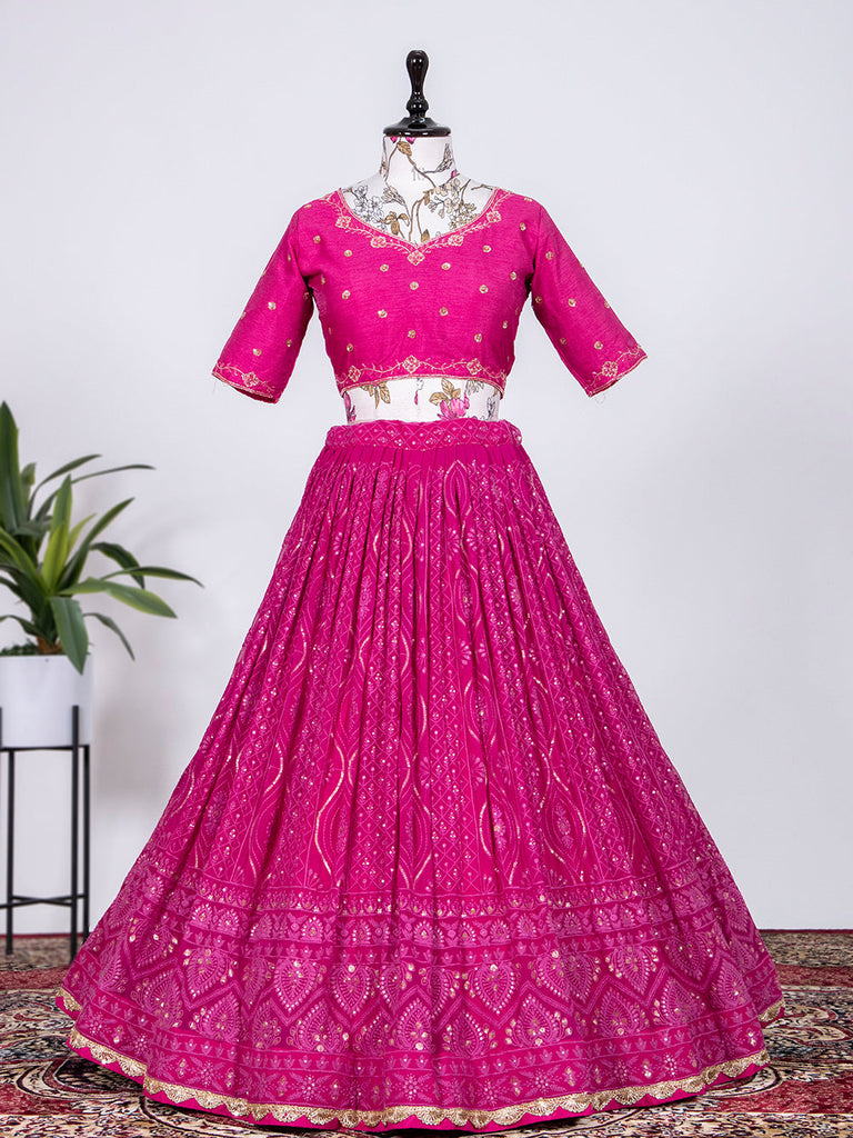 Rani Pink Color Sequins and Thread Embroidery Work Georgette Lehenga Choli Clothsvilla