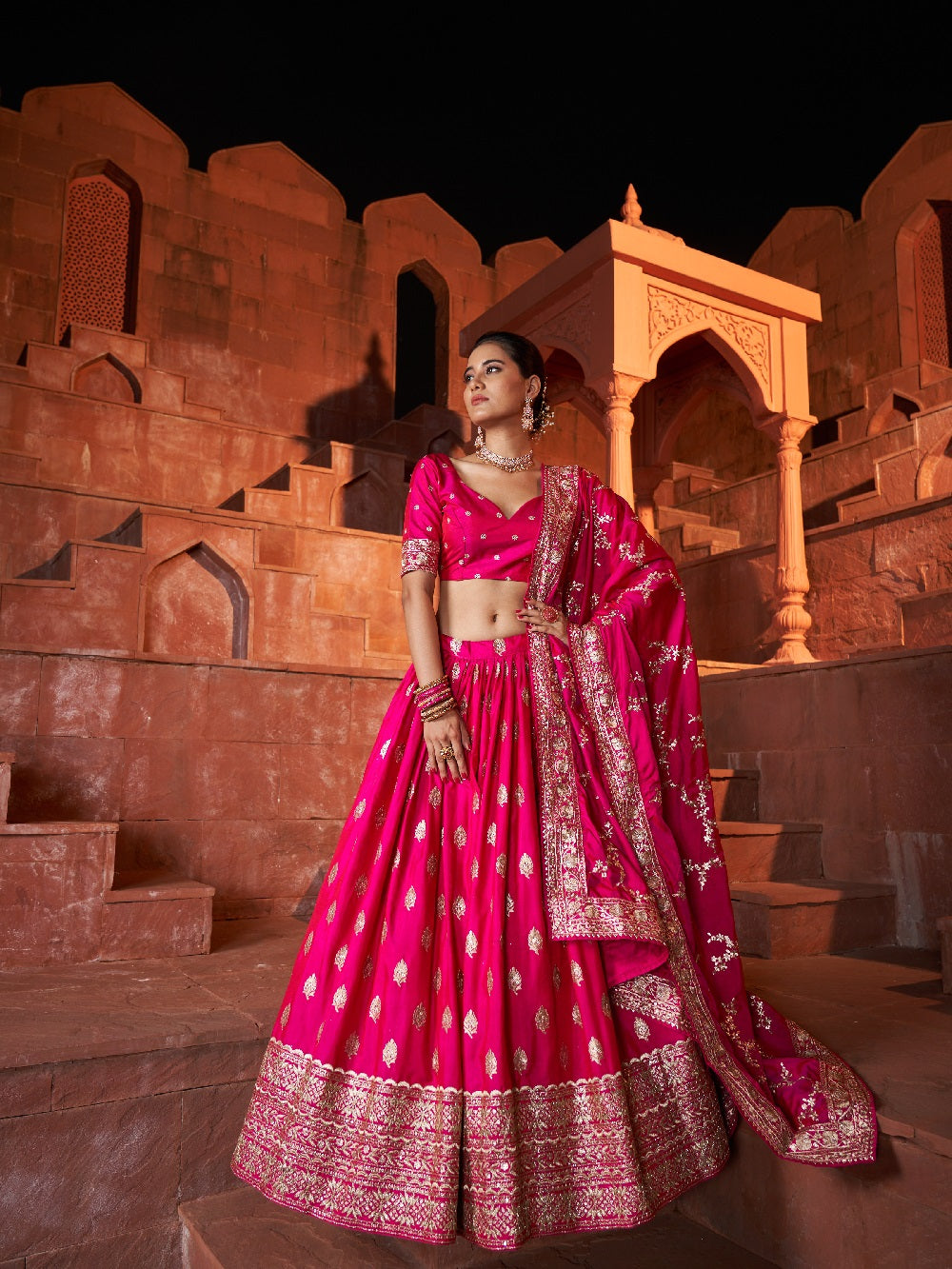Rani Pink Color Sequins With Embroidery Work Rajwadi Sana Silk Lehenga Choli Clothsvilla Main image