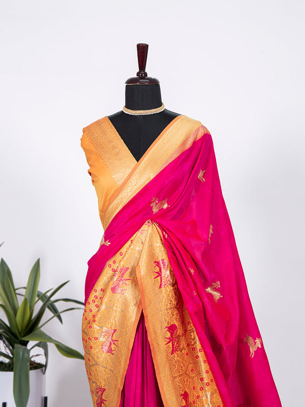 Rani Pink Color Weaving Zari Work Jacquard Silk Saree Clothsvilla