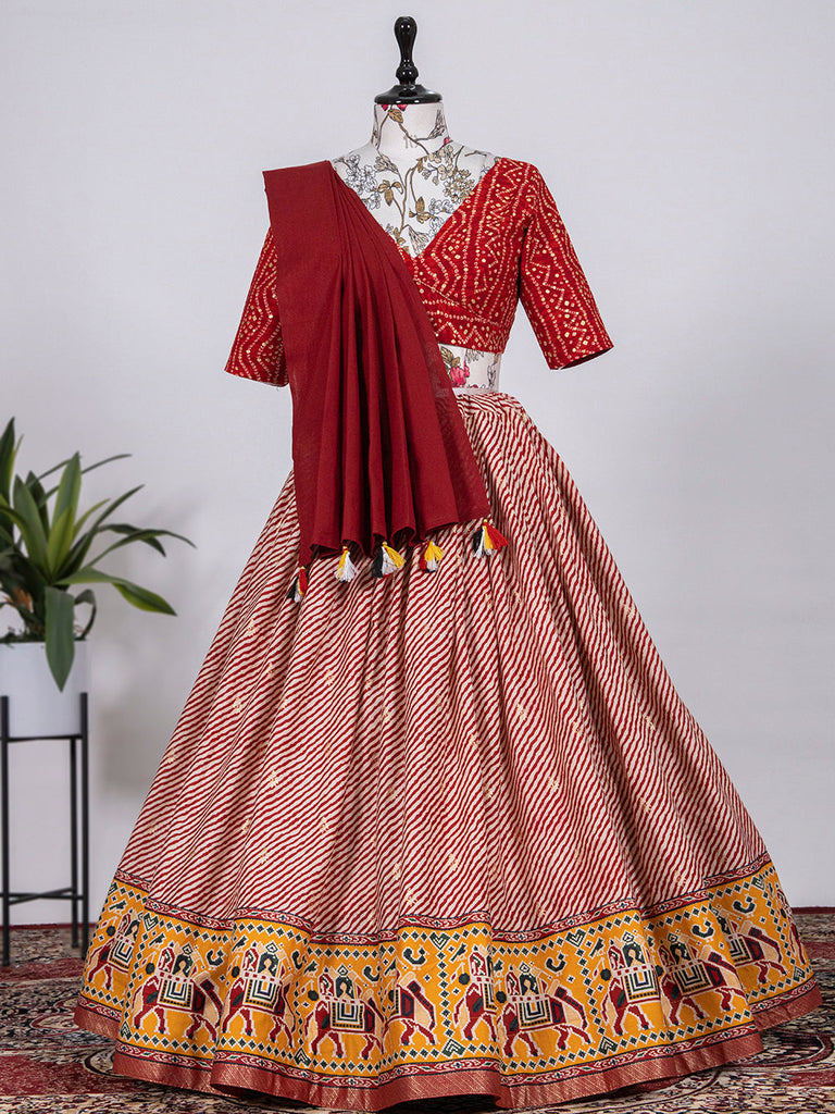 Red Color Printed With Foil Cotton Lehenga Clothsvilla