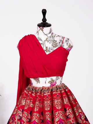 Red Color Weaving Zari Work Banarasi Silk Co-ord Set Lehenga With Georgette Choli Clothsvilla