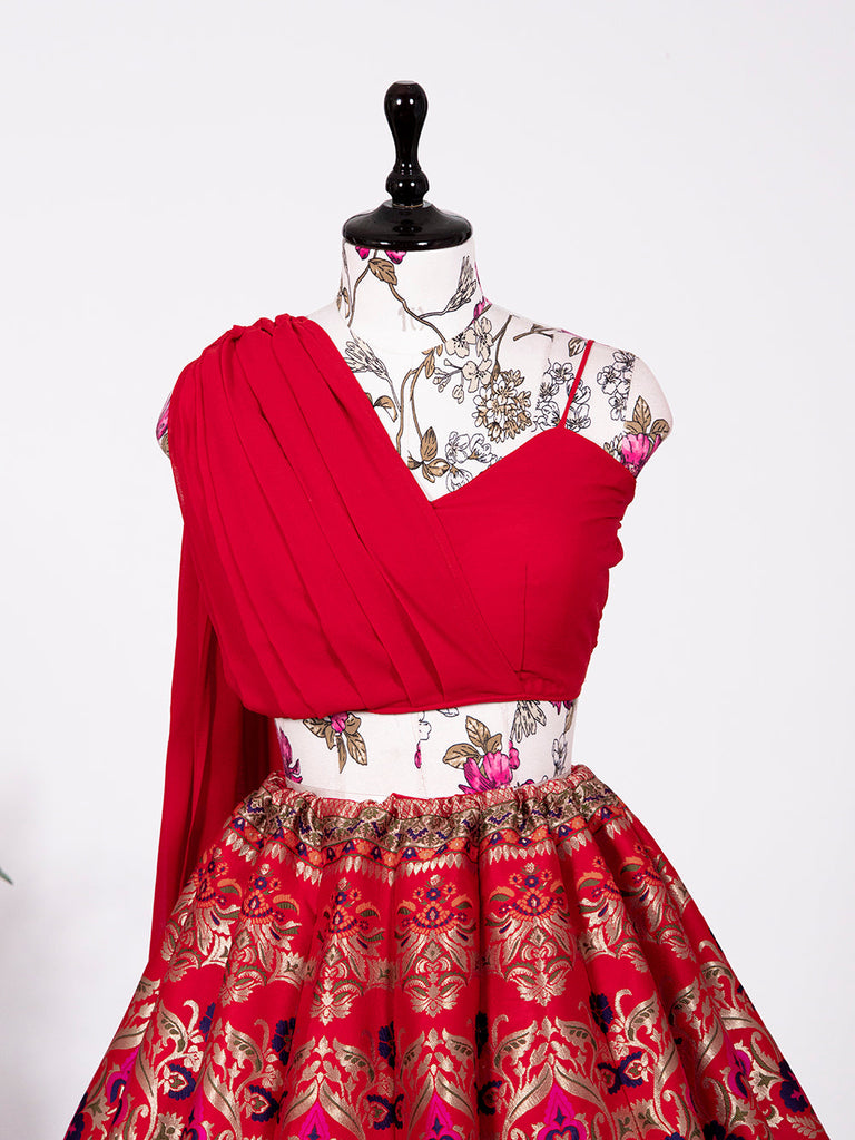 Red Color Weaving Zari Work Banarasi Silk Co-ord Set Lehenga With Georgette Choli Clothsvilla