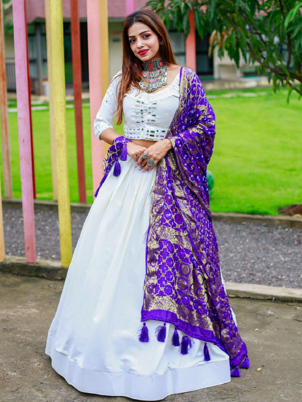 White Color Plain Cotton Lehenga Choli With Bandhej Dupatta Clothsvilla