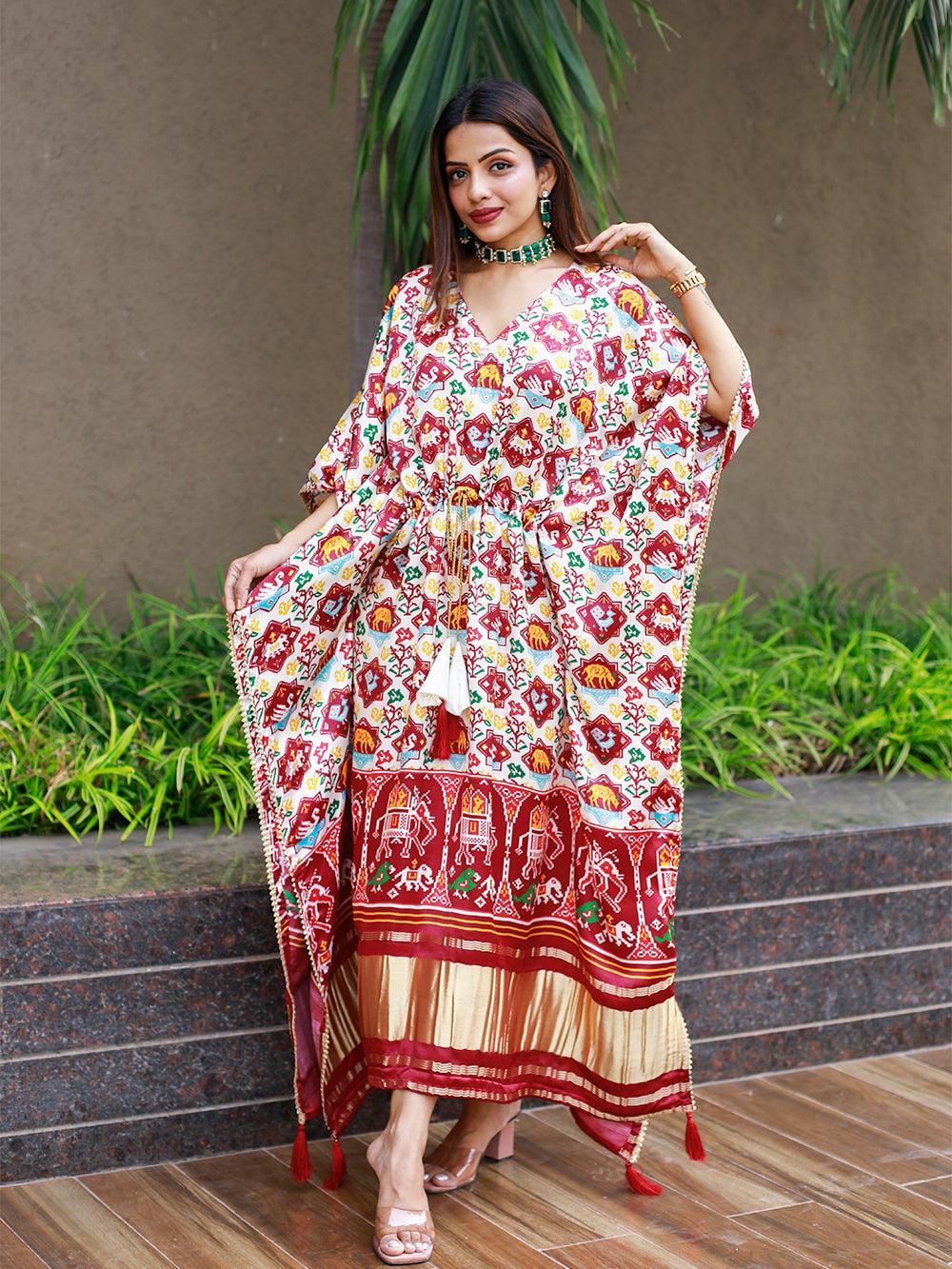 White Color Bandhej Digital Print Pure Gaji Silk Kaftan Clothsvilla