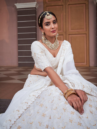 White Color Lucknowi With Sequins Work Georgette Lehenga Choli Clothsvilla