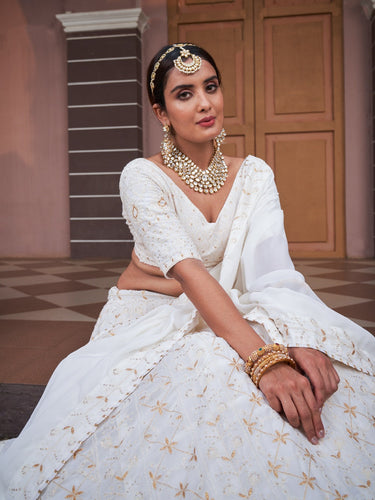 White Color Lucknowi With Sequins Work Georgette Lehenga Choli Clothsvilla