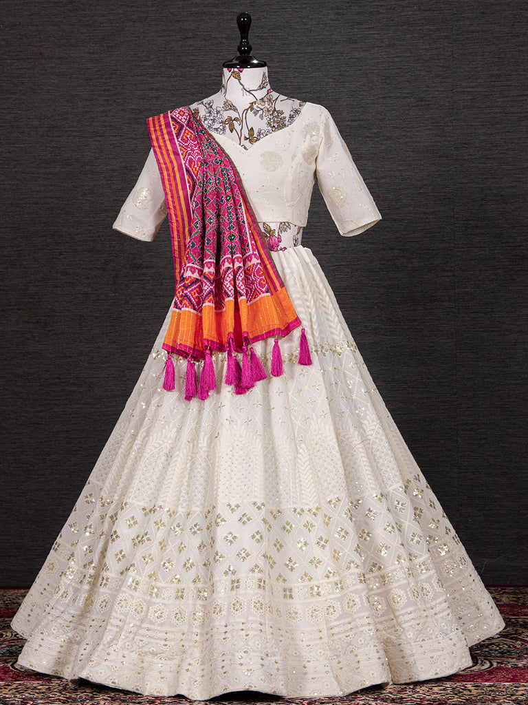 White Color Sequins And Thread Embroidery Work Georgette Lehenga Choli With Chinon Dupatta Clothsvilla