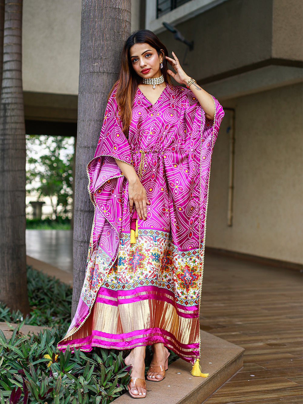 Wine Color Bandhej Digital Print Pure Gaji Silk Kaftan Clothsvilla