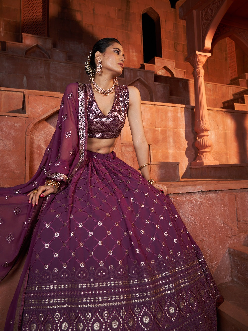 Wine Color Sequins With Embroidery Work Rajwadi Sana Silk Lehenga Choli Clothsvilla
